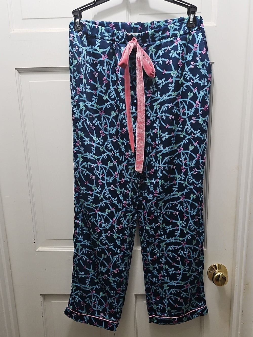 Simply Southern Navy Satiny Lounge Pants with Pink & Blue Bows  Size L